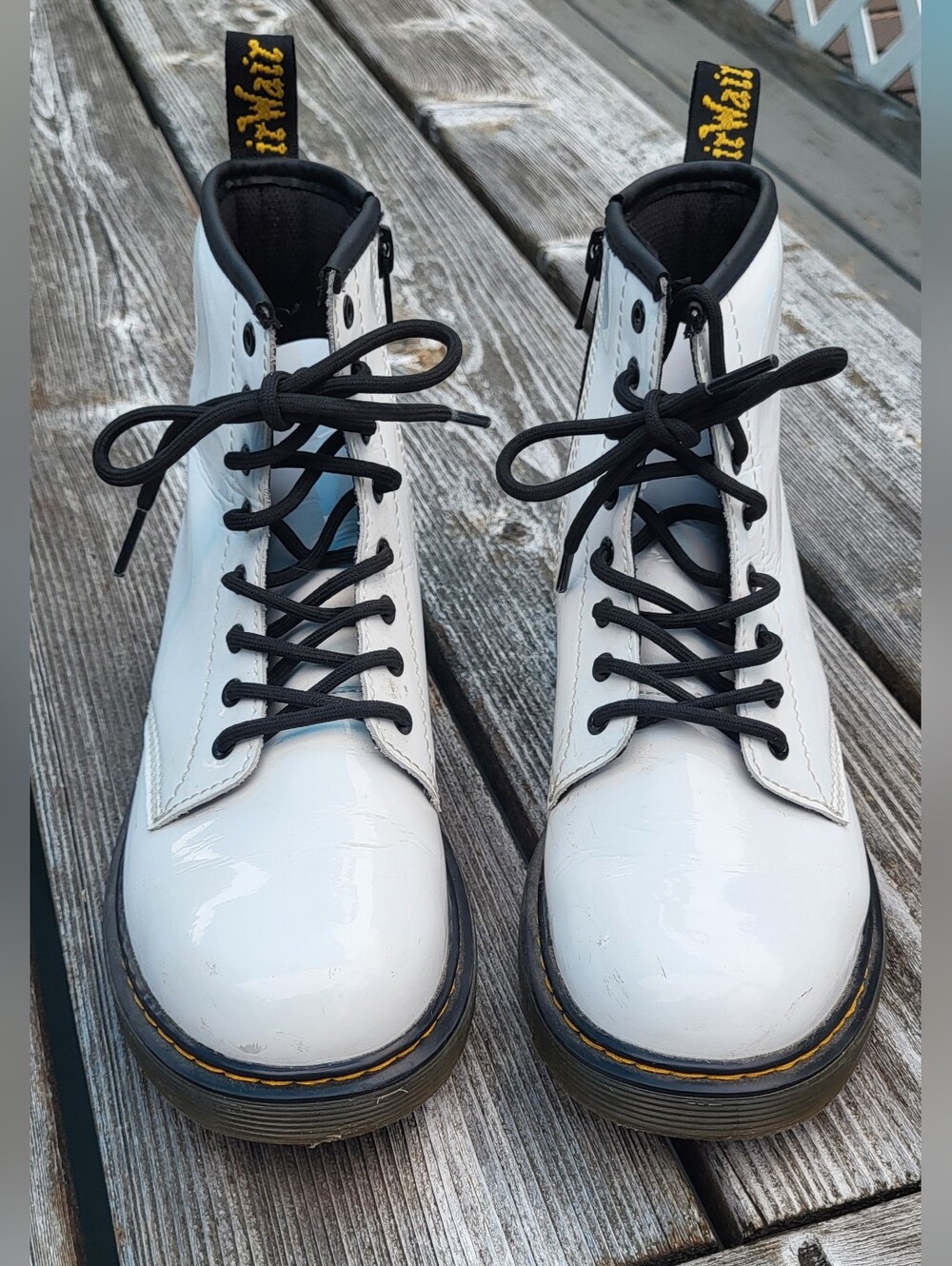 Dr. Martens White Patent Leather Side Zipper Combat Boots